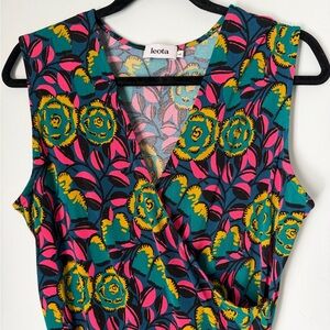 Leota Floral Wrap Dress Teal Pink Abstract Print Sleeveless Jersey Dress